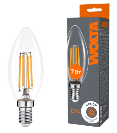 Лампа светодиодная филаментная WOLTA 7Вт 4000K Е14 свеча прозрачная WF-C35-7W4KE14