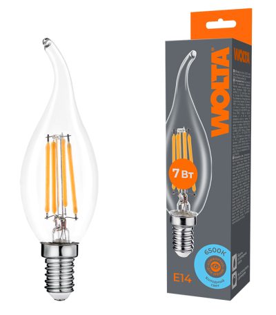 Лампа светодиодная филаментная WOLTA 7Вт 6500K Е14 свеча на ветру прозрачная WF-CT35-7W6KE14