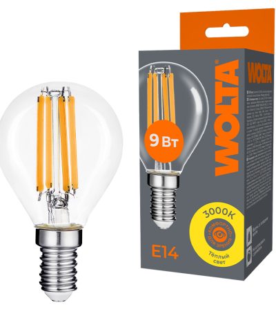 Лампа светодиодная филаментная WOLTA 9Вт 3000K Е14 шар прозрачный WF-G45-9W3KE14