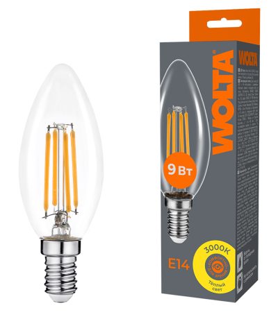 Лампа светодиодная филаментная WOLTA 9Вт 3000K Е14 свеча прозрачная WF-C35-9W3KE14