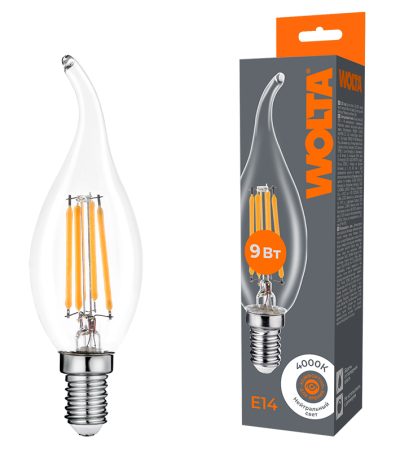 Лампа светодиодная филаментная WOLTA 9Вт 4000K Е14 свеча на ветру прозрачная WF-CT35-9W4KE14