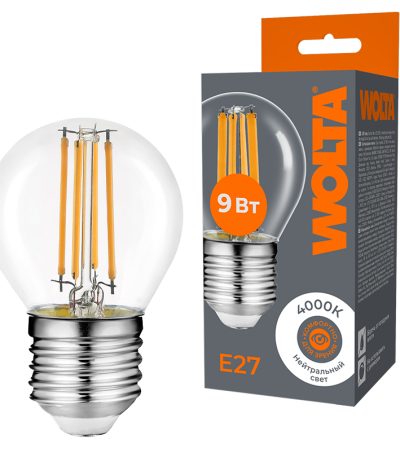 Лампа светодиодная филаментная WOLTA 9Вт 4000K Е27 шар прозрачный WF-G45-9W4KE27
