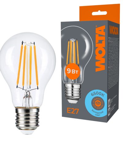 Лампа светодиодная филаментная WOLTA 9Вт 6500K Е27 груша прозрачная WF-A60-9W6KE27