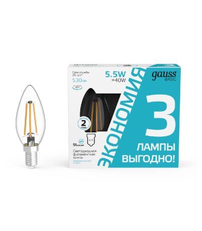 Лампа светодиодная Gauss Basic Filament E14 5,5W 4100K 1031126T