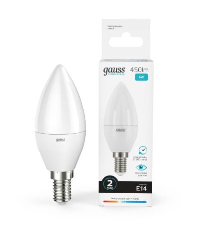 Лампа светодиодная Gauss E14 6W 4100K свеча матовая 33126