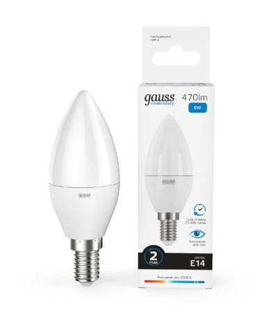 Лампа светодиодная Gauss E14 6W 6500K свеча матовая 33136