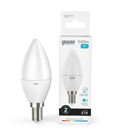 Лампа светодиодная Gauss E14 8W 4100K свеча матовая 33128