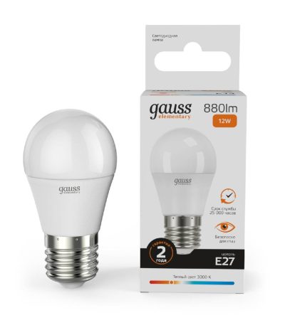Лампа светодиодная Gauss E27 12W 3000K шар матовый 53212