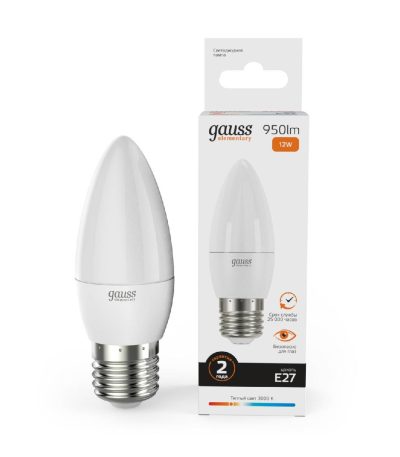 Лампа светодиодная Gauss E27 12W 3000K свеча матовая 30212