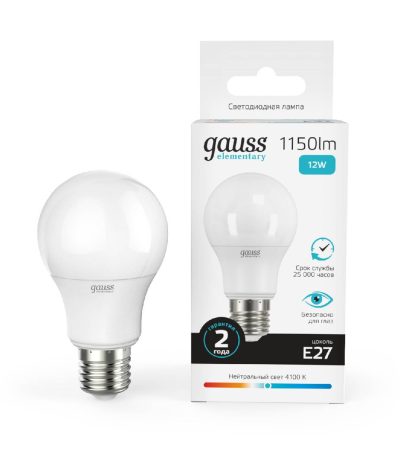 Лампа светодиодная Gauss E27 12W 4100K груша матовая 23222