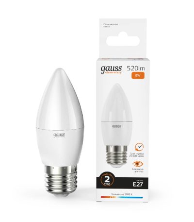 Лампа светодиодная Gauss E27 8W 3000K свеча матовая 33218