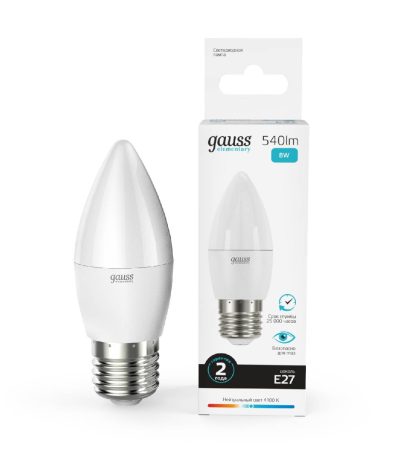 Лампа светодиодная Gauss E27 8W 4100K свеча матовая 33228