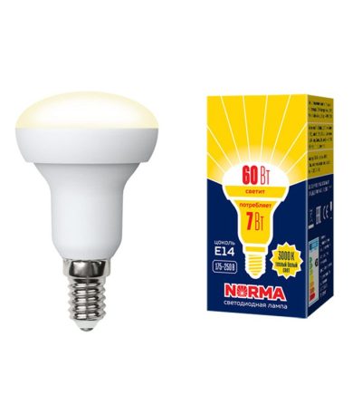Лампа светодиодная (UL-00003845) Volpe E14 7W 3000K матовая LED-R50-7W/WW/E14/FR/NR