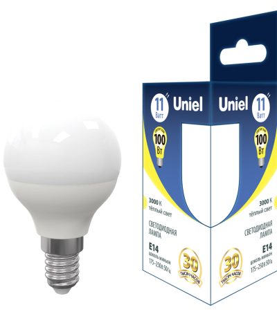 Лампа светодиодная Uniel E14 11W 3000K шар матовый LED-G45-11W/3000K/E14/FR PLS03WH UL-00006843