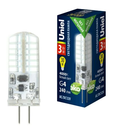 Лампа светодиодная Uniel LED-JC-12/3W/4000K/G4/CL SIZ05TR UL-00010367