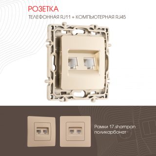 Розетка телефонная RJ11 + компьютерная RJ45 Arte Milano 217.44-1.shampan