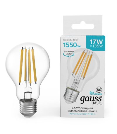 Светодиодная филаментная лампа Gauss Basic Filament E27 17W 4100K 10212272
