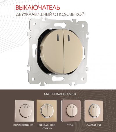 Выключатель двухклавишный с подсветкой Arte Milano 202.31-2.shampan