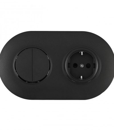 Выключатель круглый двухклавишный с розеткой с/з и шторками Arte Milano SET08-2-40-1-30-2 black