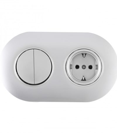 Выключатель круглый двухклавишный с розеткой с/з и шторками Arte Milano SET08-2-40-1-30-2 silver