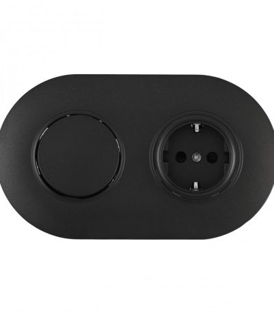 Выключатель круглый одноклавишный с розеткой с/з и шторками Arte Milano SET08-2-40-1-30-1 black