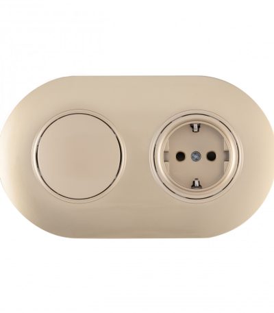 Выключатель круглый одноклавишный с розеткой с/з и шторками Arte Milano SET08-2-40-1-30-1 shampan