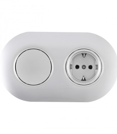 Выключатель круглый одноклавишный с розеткой с/з и шторками Arte Milano SET08-2-40-1-30-1 silver